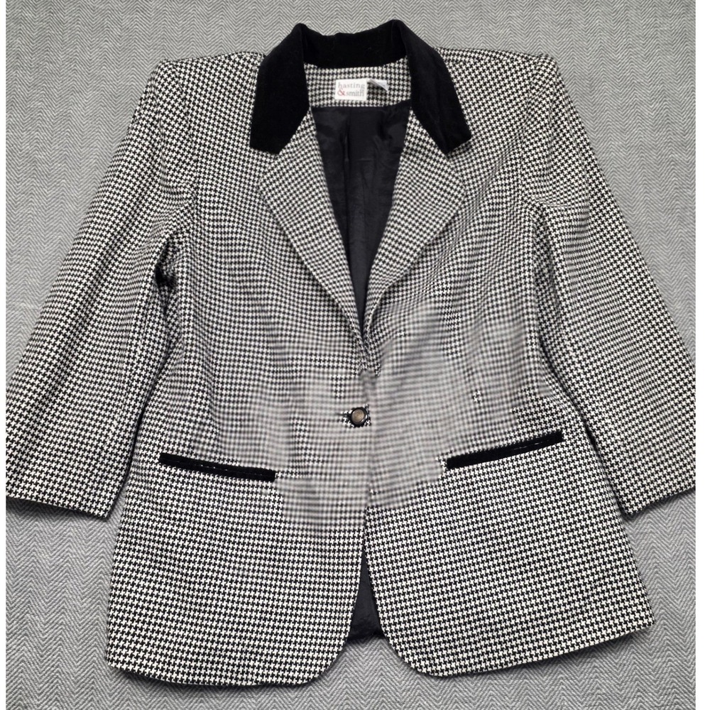 Hastings & Smith Womens Houndstooth Blazer Black White Velvet Collar Wool Mix 16
